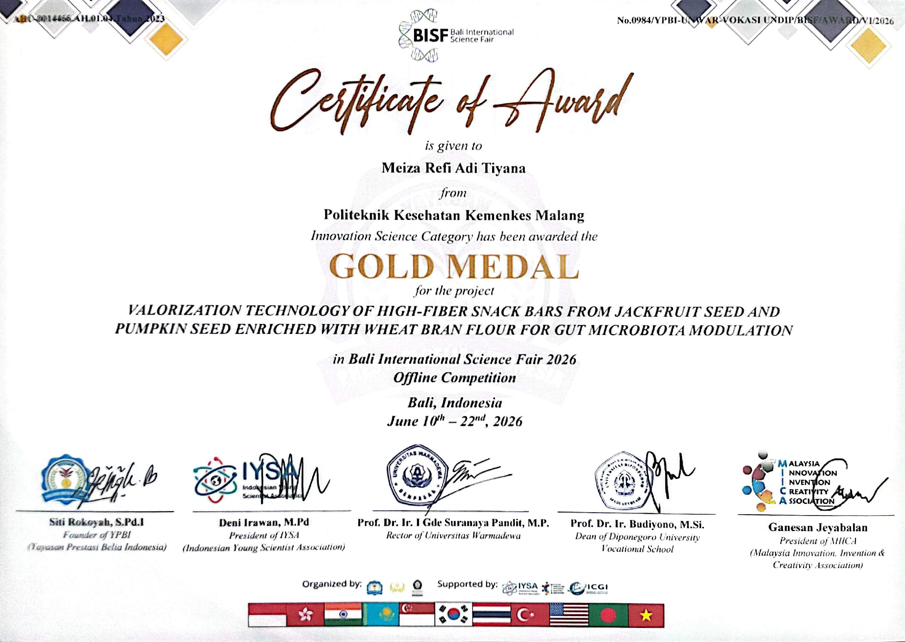 SERTIFIKAT GOLD MEDAL BISF IYSA 2026 - (Ada 0 foto)